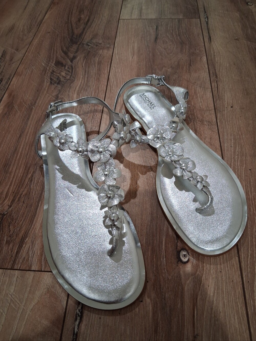 Michael Kors Silver Floral T-Strap Sandals with Ankle Buckle - Picture 7 of 7